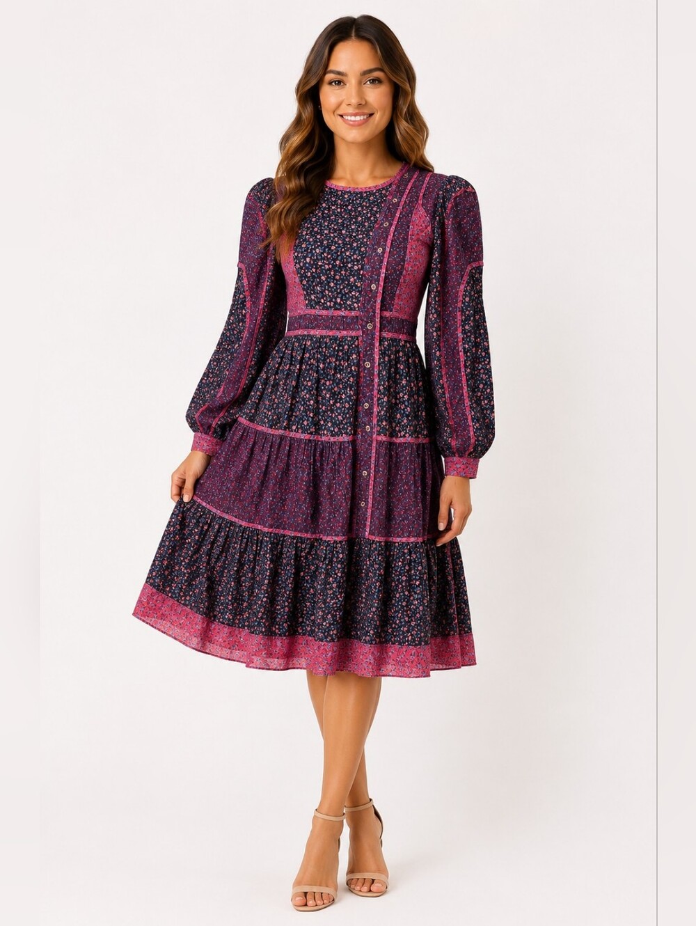 Porter Floral Patchwork A-Line Tiered Midi Dress 100% Cotton